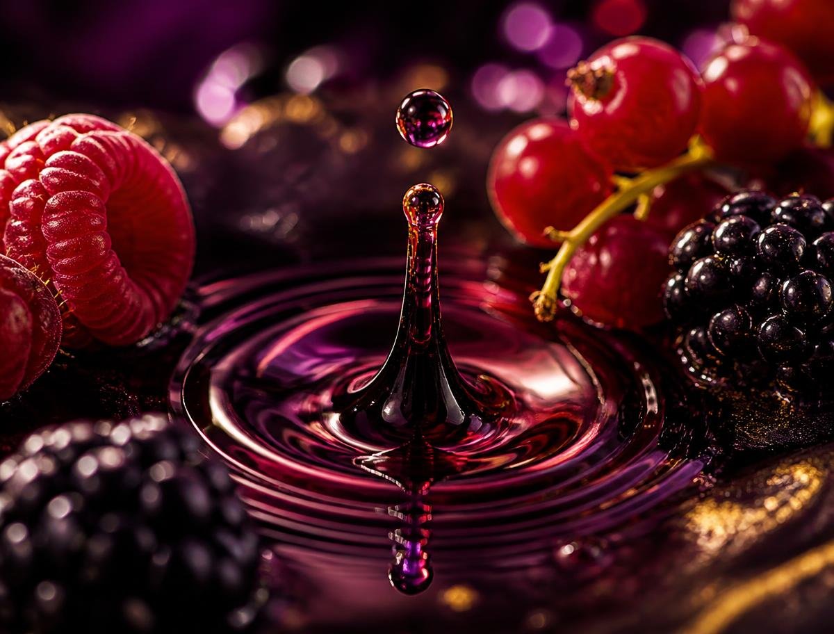 Gota de líquido de frutas vermelhas cercada por framboesas e amoras