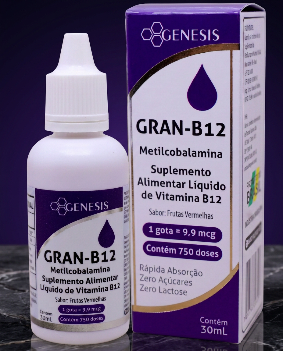 Frasco conta-gotas e caixa do suplemento Gran-B12 vitamina B12 metilcobalamina